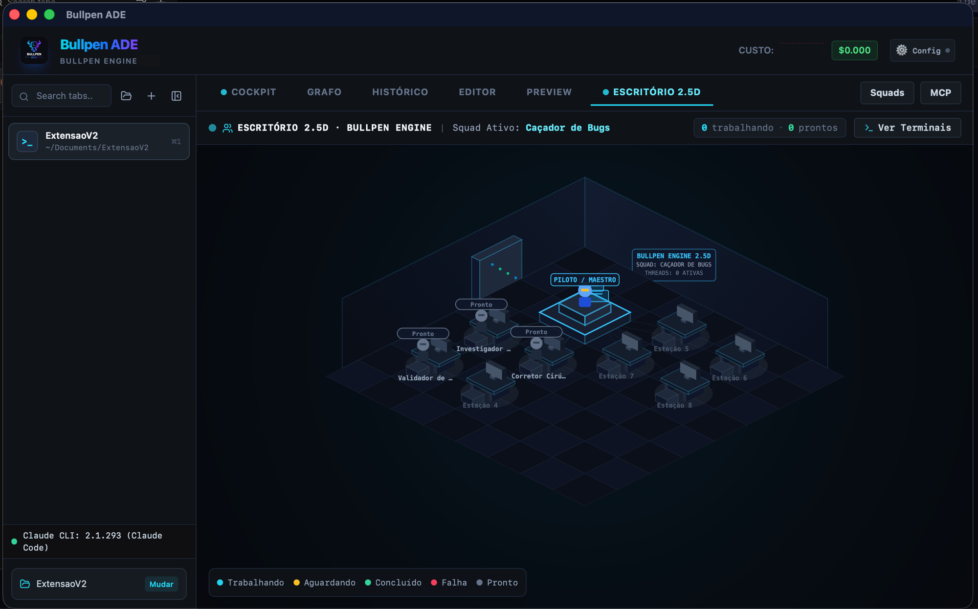 Escritório virtual isométrico 2.5D com agentes trabalhando em tempo real